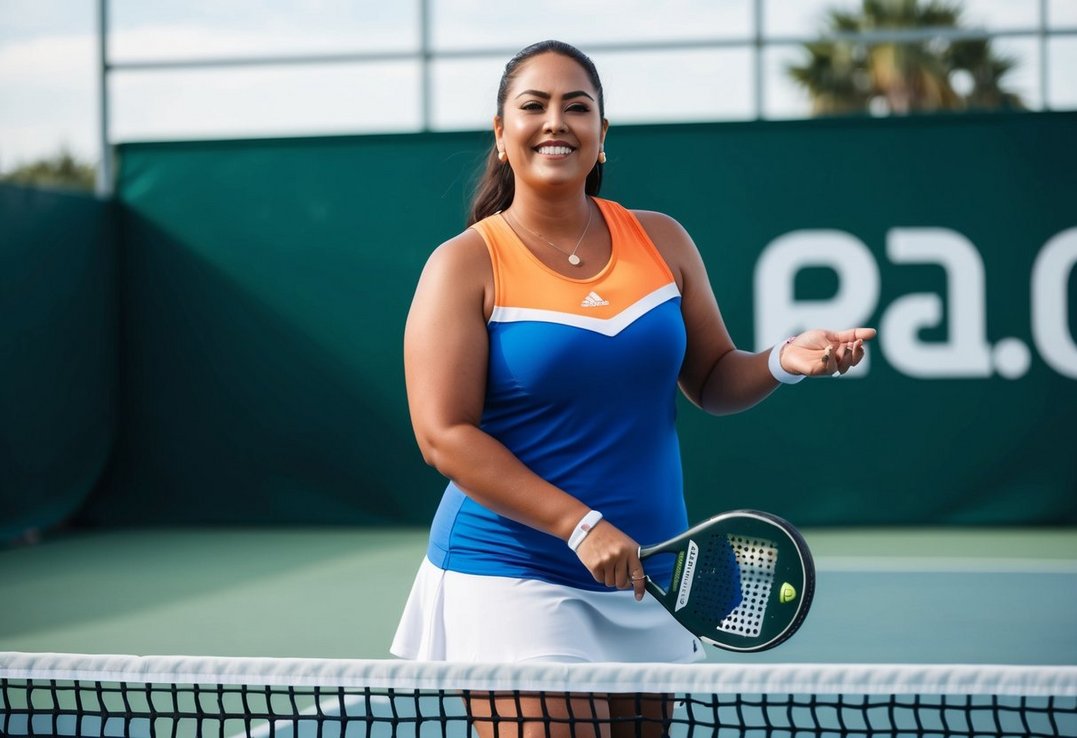 En kvinde i plus-size spiller selvsikkert padel tennis i et stilfuldt og behageligt outfit designet specielt til hendes kropstype En kvinde i plus-size spiller selvsikkert padel tennis i et stilfuldt og behageligt outfit designet specielt til hendes kropstype